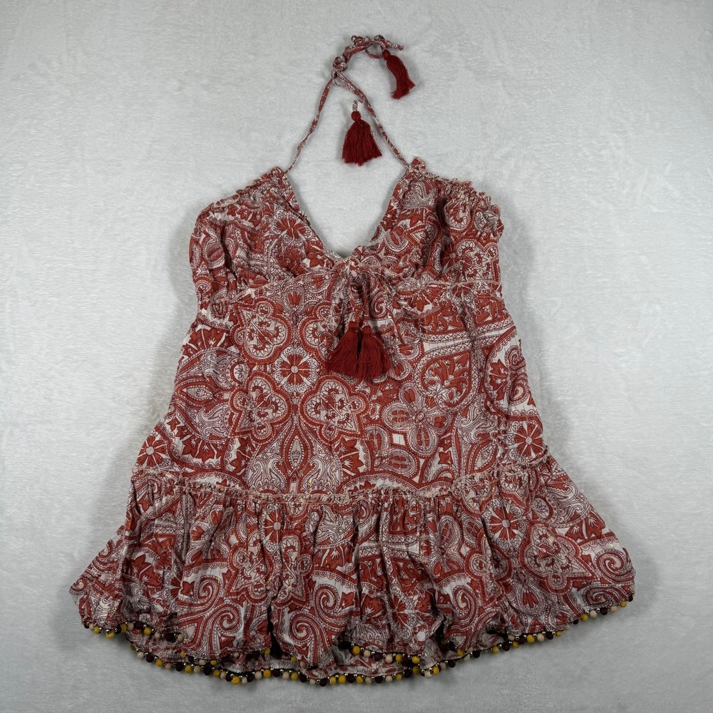 Tularosa XS Rust Paisley Halter Top Metallic Lurex Tassel Pom Pom Beaded Trim